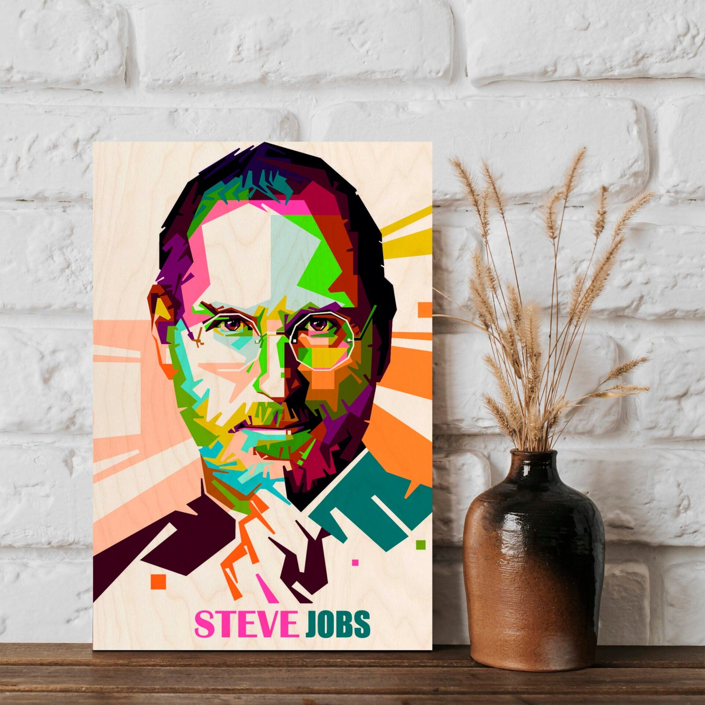Steve Jobs Wood Print with Colourful Pop Art Portrait Design - Sblossom