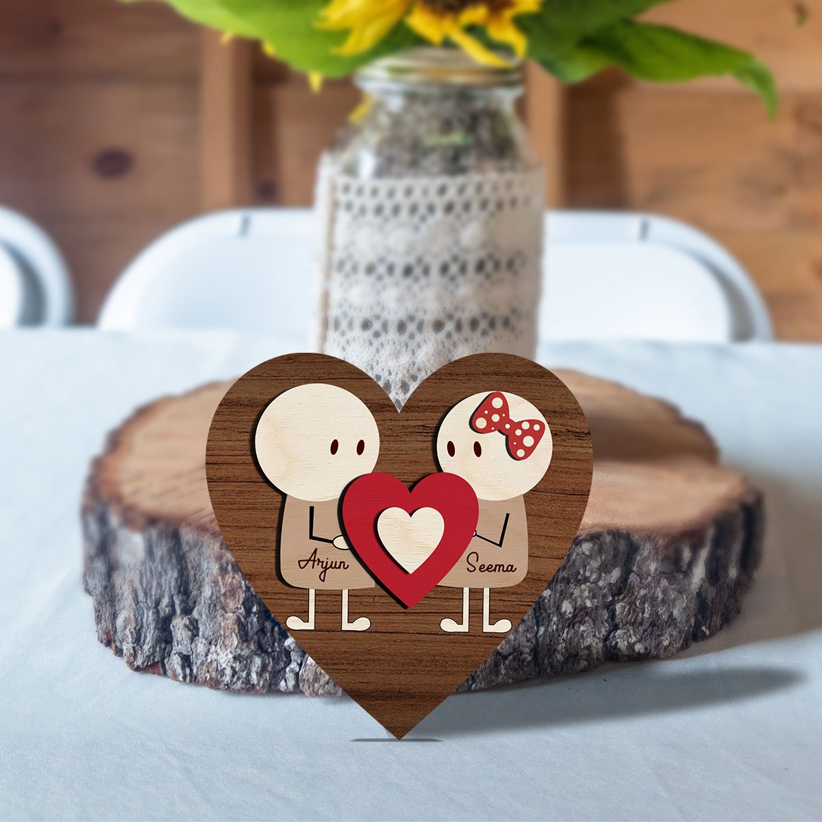 Stick Figure Couple Magnet in Wood with Heart Cartoon Photo Design - Sblossom