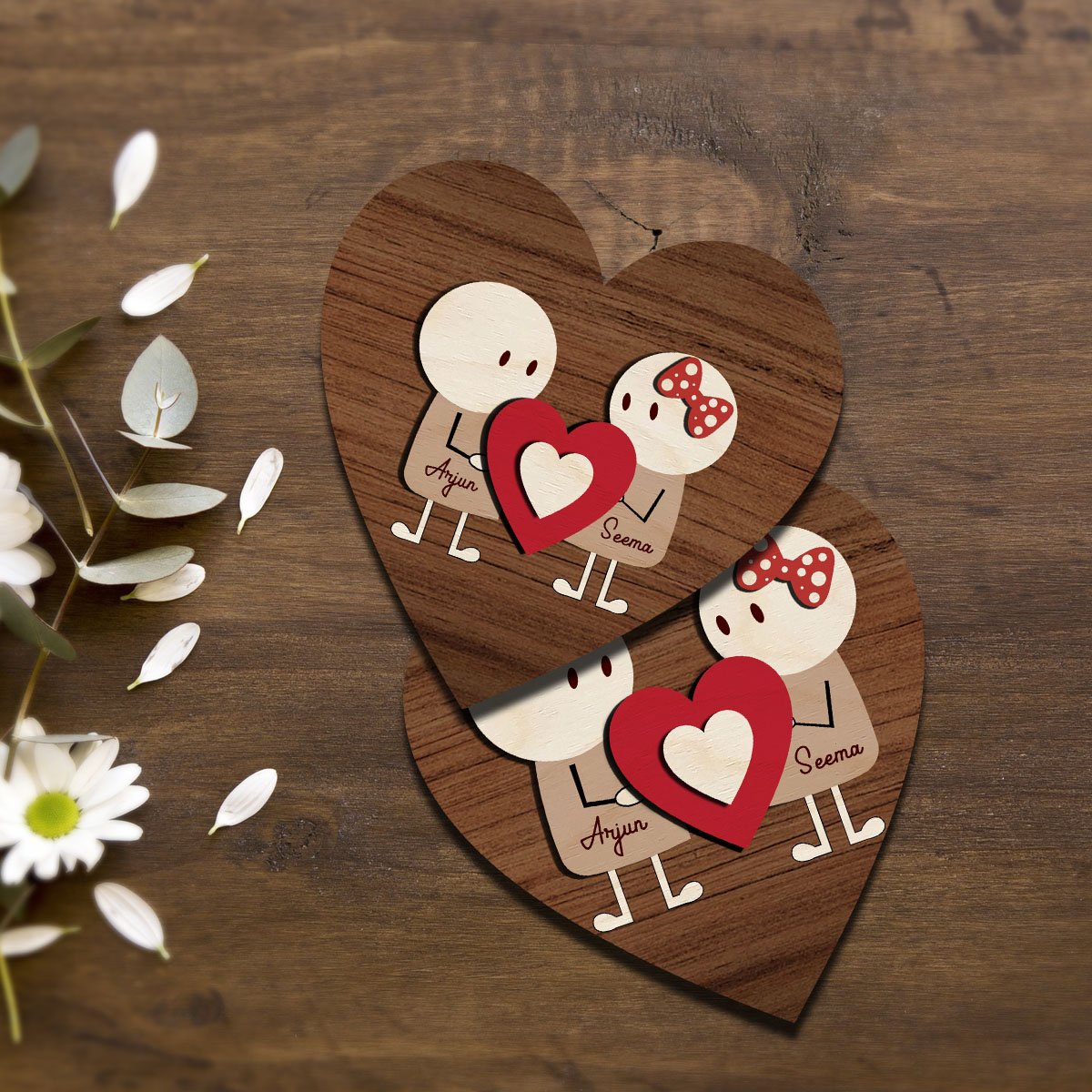 Stick Figure Couple Magnet in Wood with Heart Cartoon Photo Design - Sblossom