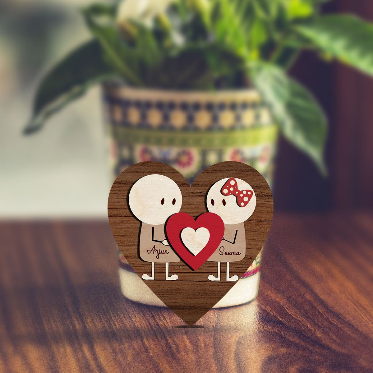 Stick Figure Couple Magnet in Wood with Heart Cartoon Photo Design - Sblossom