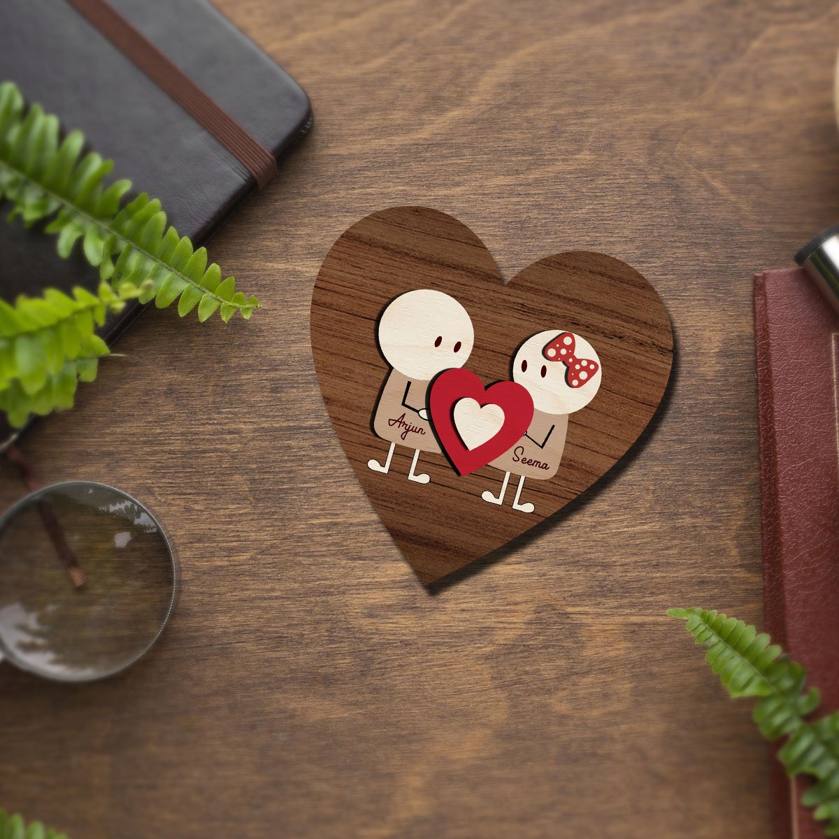 Stick Figure Couple Magnet in Wood with Heart Cartoon Photo Design - Sblossom