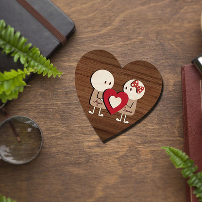 Stick Figure Couple Magnet in Wood with Heart Cartoon Photo Design - Sblossom