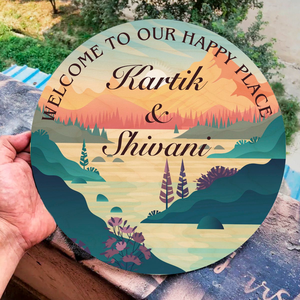 Sunrise Couple Scene Name Plate Design for Home - Sblossom