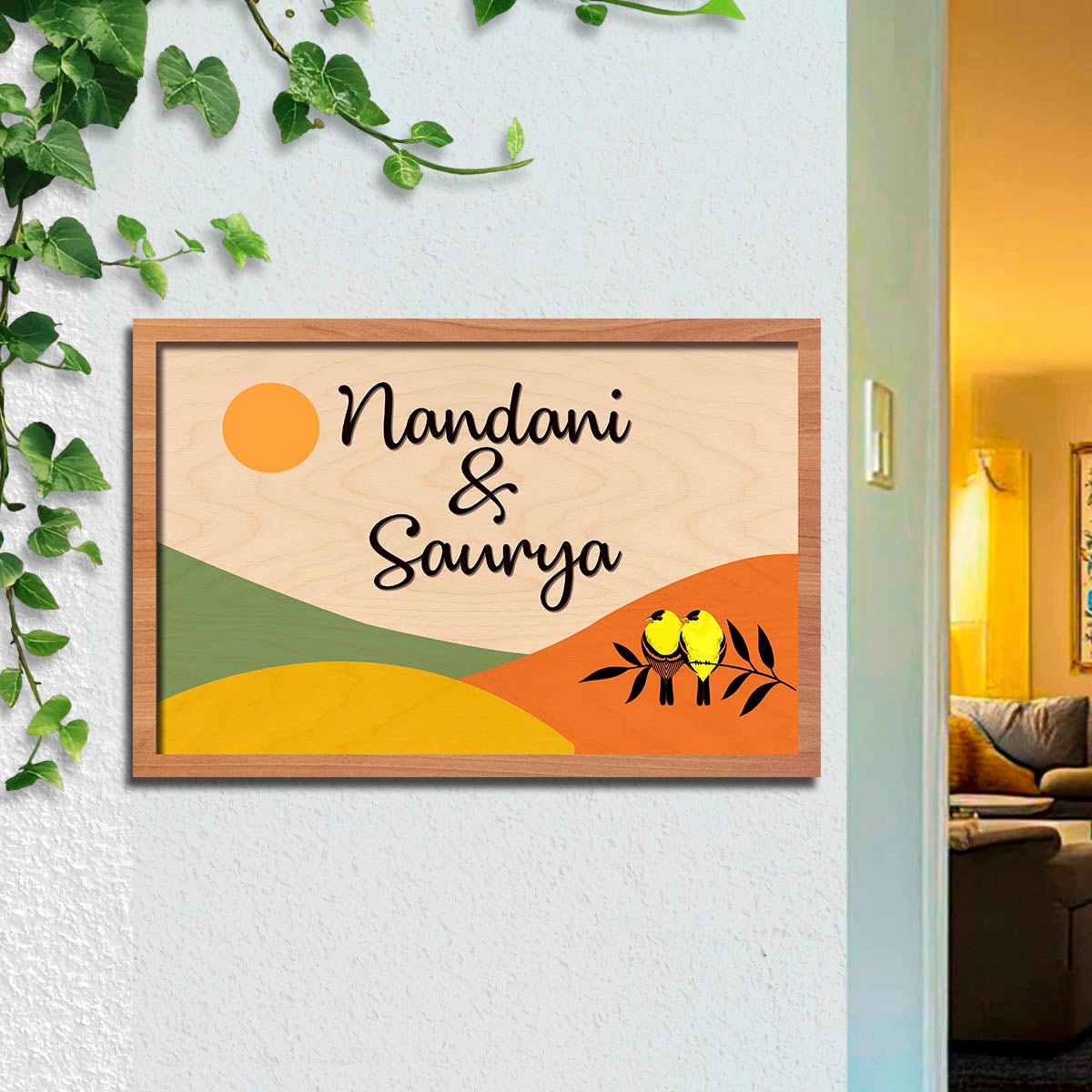Sunrise Name Plate Design with Birds & Hills in 3D - Sblossom