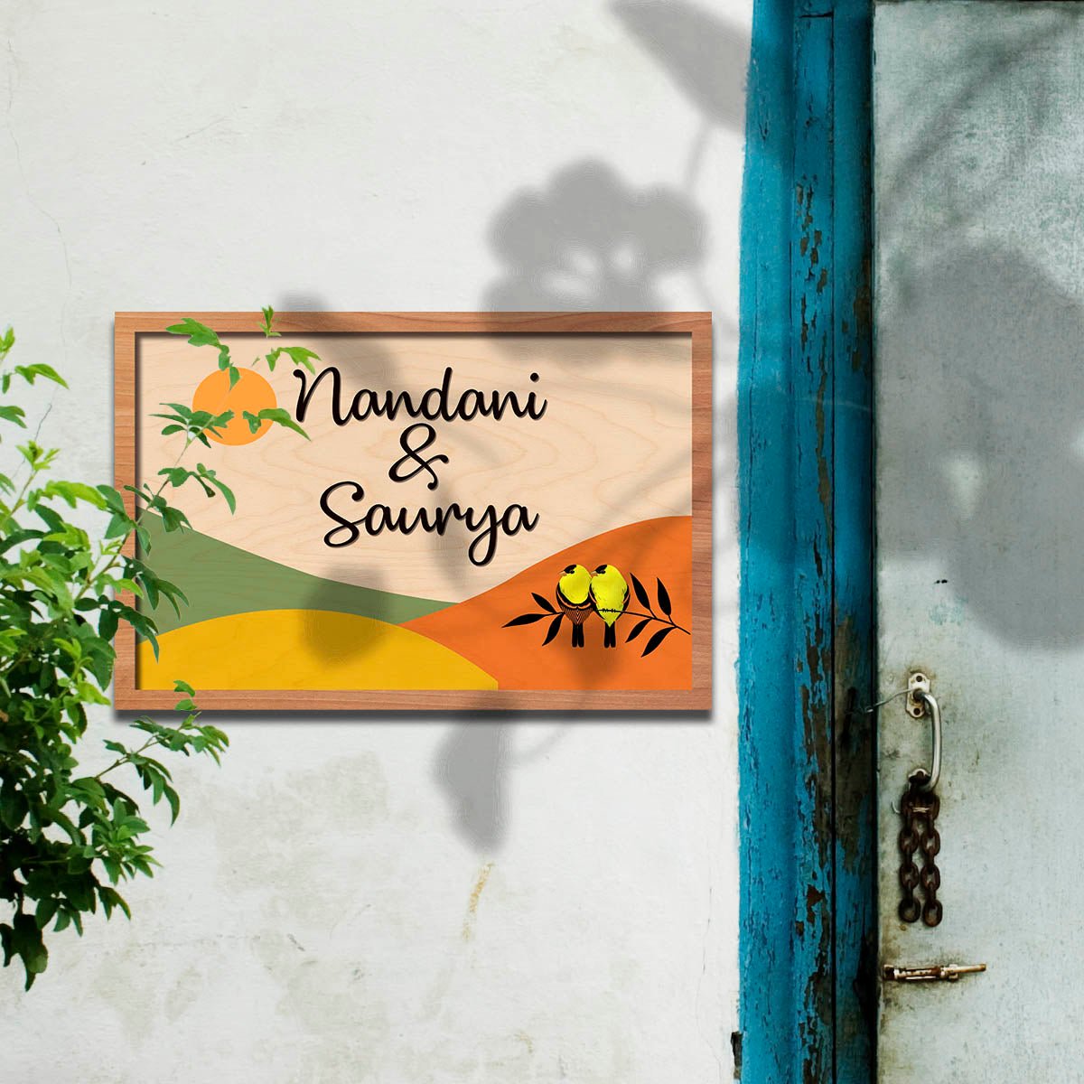 Sunrise Name Plate Design with Birds & Hills in 3D - Sblossom