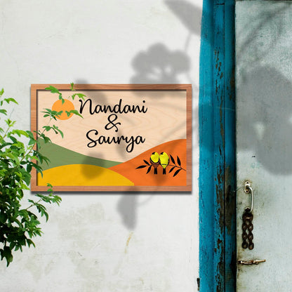 Sunrise Name Plate Design with Birds & Hills in 3D - Sblossom