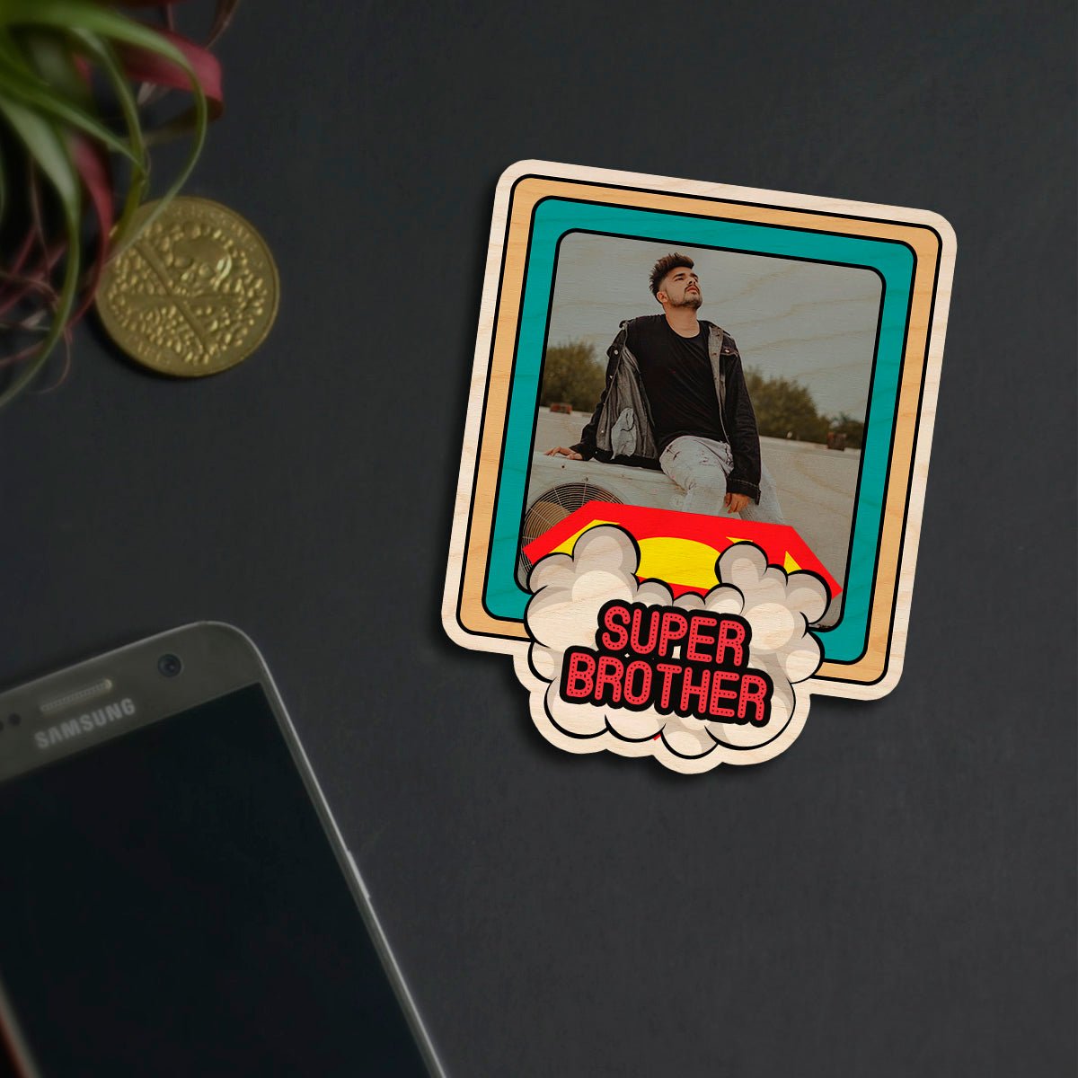 Super Brother Fridge Magnet in Wood with Comic Cloud Burst Photo - Sblossom