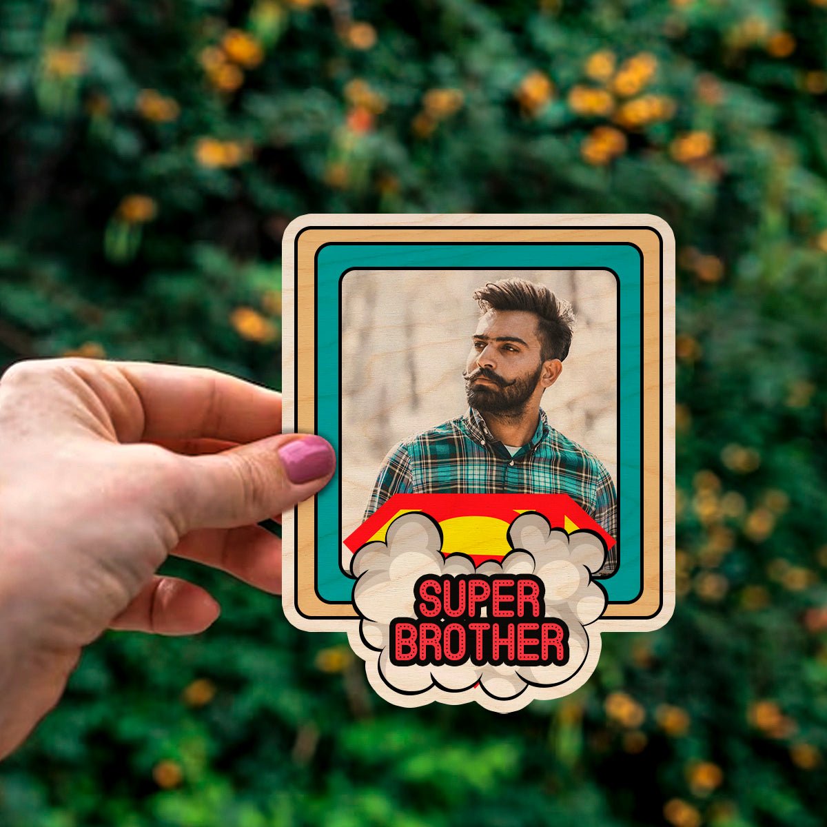 Super Brother Fridge Magnet in Wood with Comic Cloud Burst Photo - Sblossom