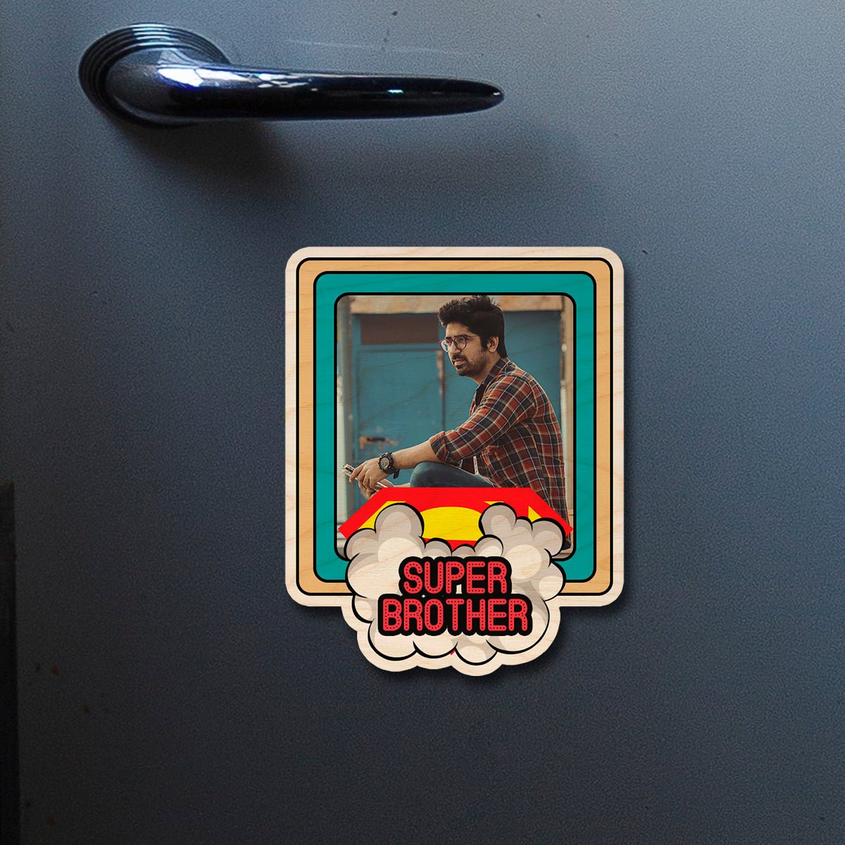 Super Brother Fridge Magnet in Wood with Comic Cloud Burst Photo - Sblossom