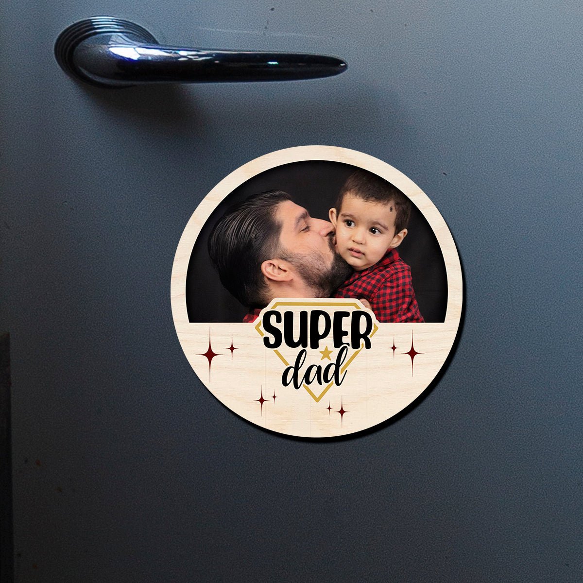 Super Dad Circle Magnet in Wood with Sparkles Photo Print Design, 4x4 Inch - Sblossom