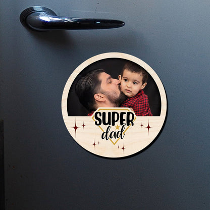 Super Dad Circle Magnet in Wood with Sparkles Photo Print Design, 4x4 Inch - Sblossom