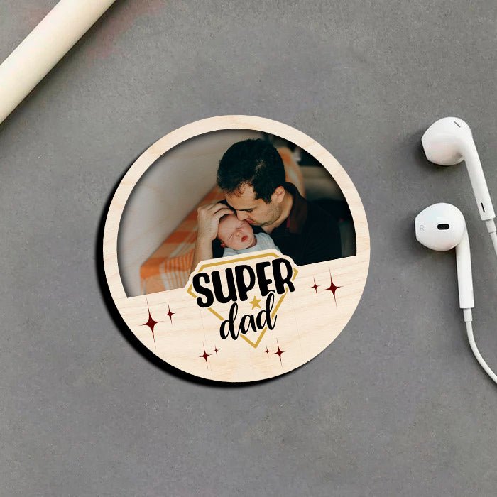 Super Dad Circle Magnet in Wood with Sparkles Photo Print Design, 4x4 Inch - Sblossom
