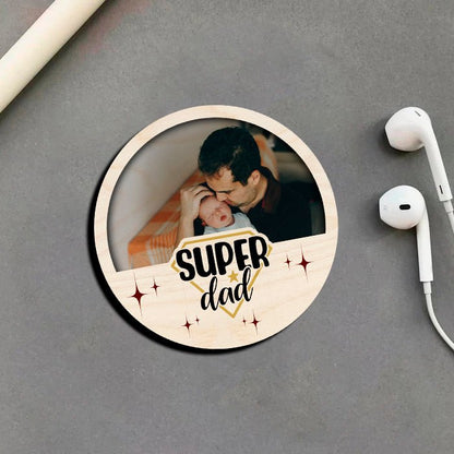 Super Dad Circle Magnet in Wood with Sparkles Photo Print Design, 4x4 Inch - Sblossom