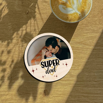 Super Dad Circle Magnet in Wood with Sparkles Photo Print Design, 4x4 Inch - Sblossom