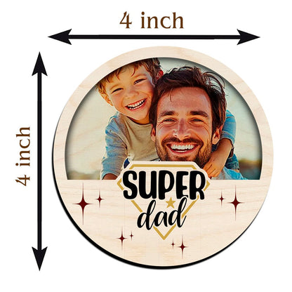 Super Dad Circle Magnet in Wood with Sparkles Photo Print Design, 4x4 Inch - Sblossom