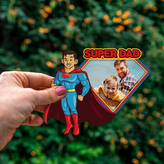 Super Dad Photo Magnet in Wood with Superhero Cartoon Design - Sblossom