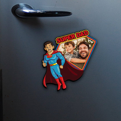 Super Dad Photo Magnet in Wood with Superhero Cartoon Design - Sblossom