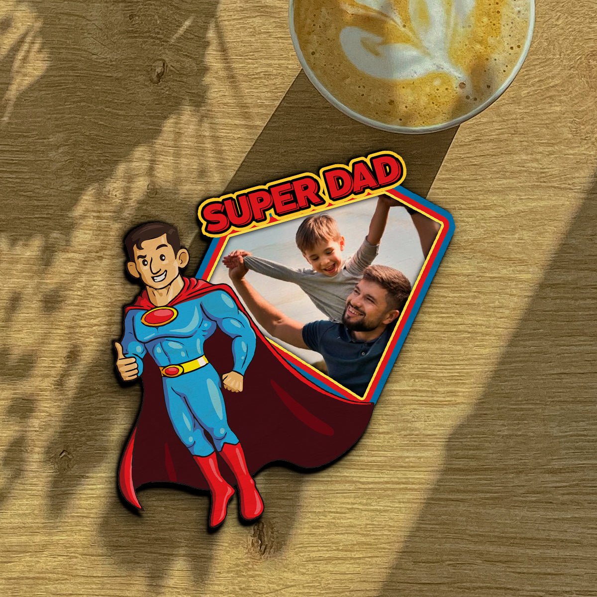 Super Dad Photo Magnet in Wood with Superhero Cartoon Design - Sblossom