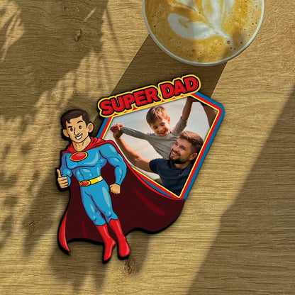 Super Dad Photo Magnet in Wood with Superhero Cartoon Design - Sblossom
