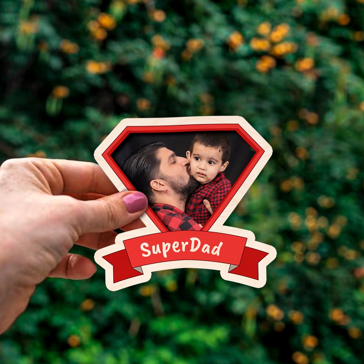 SuperDad Shield Fridge Magnet in Wood with Superman Photo Print - Sblossom