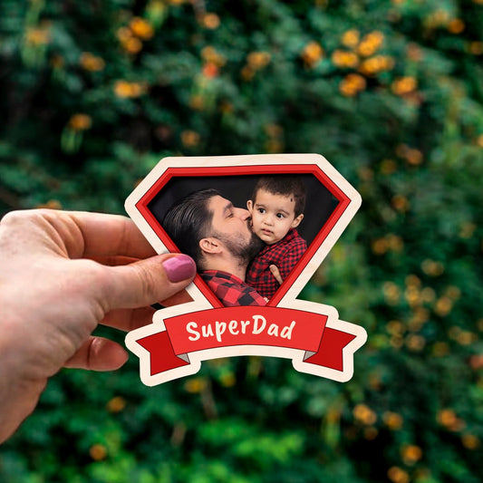 SuperDad Shield Fridge Magnet in Wood with Superman Photo Print - Sblossom
