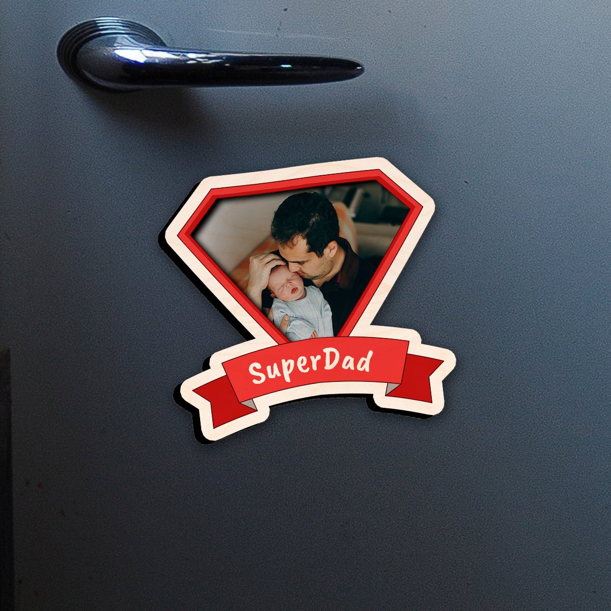 SuperDad Shield Fridge Magnet in Wood with Superman Photo Print - Sblossom