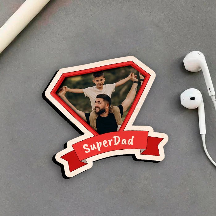 SuperDad Shield Fridge Magnet in Wood with Superman Photo Print - Sblossom