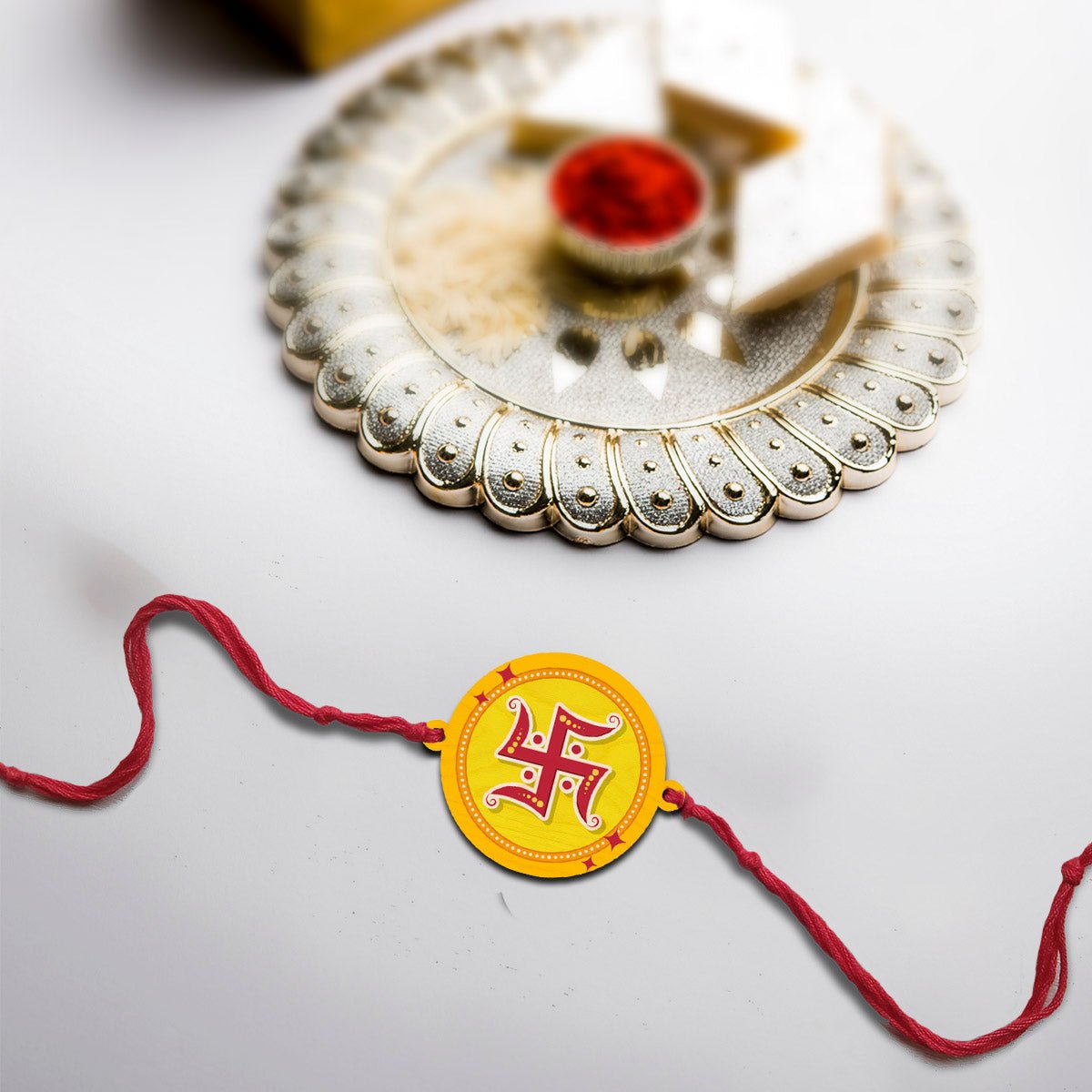 Swastik Rakhi for Brother in Wood with Spiritual Custom Name Design - Sblossom