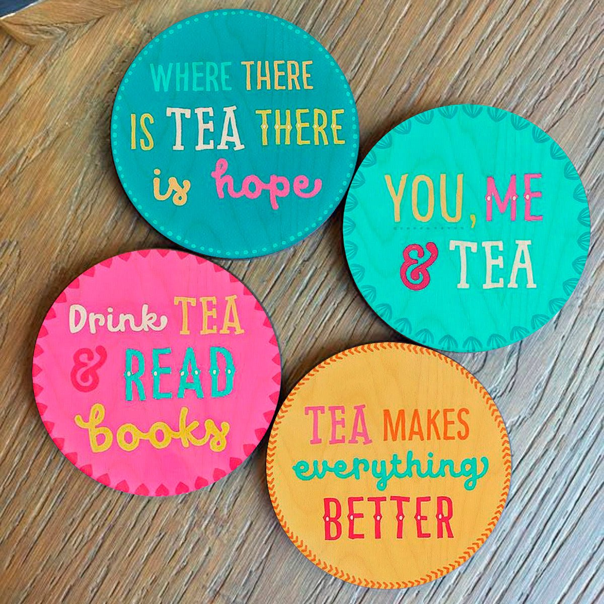 Tea Coasters Set in Wood with Round Quote Design Set of 4 - Sblossom