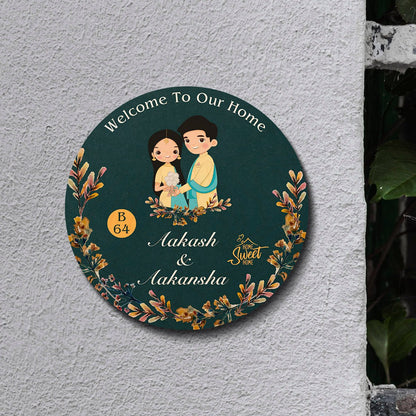 Teal-Round Welcome Ring Couple Name Plate for Front Door - Sblossom