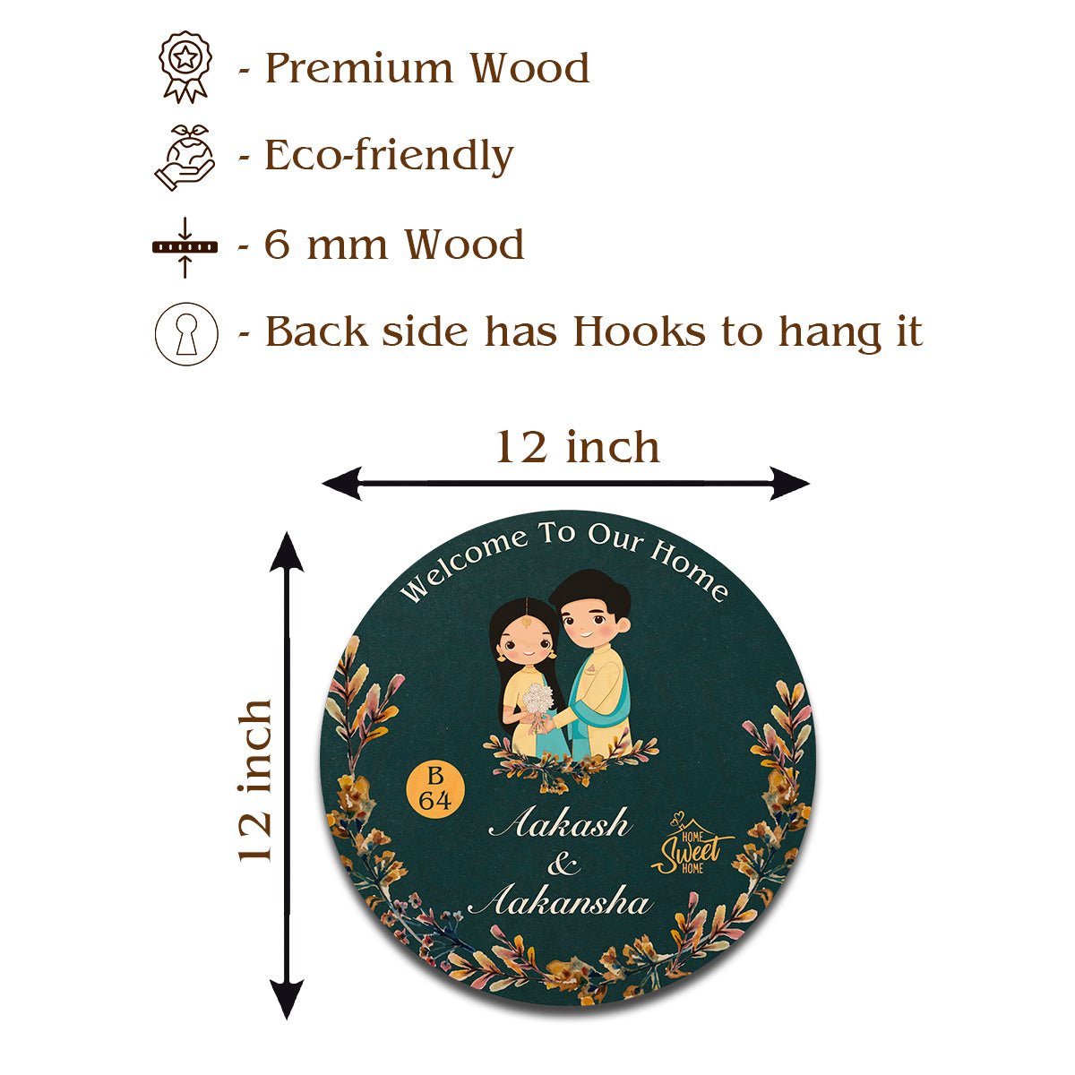 Teal-Round Welcome Ring Couple Name Plate for Front Door - Sblossom