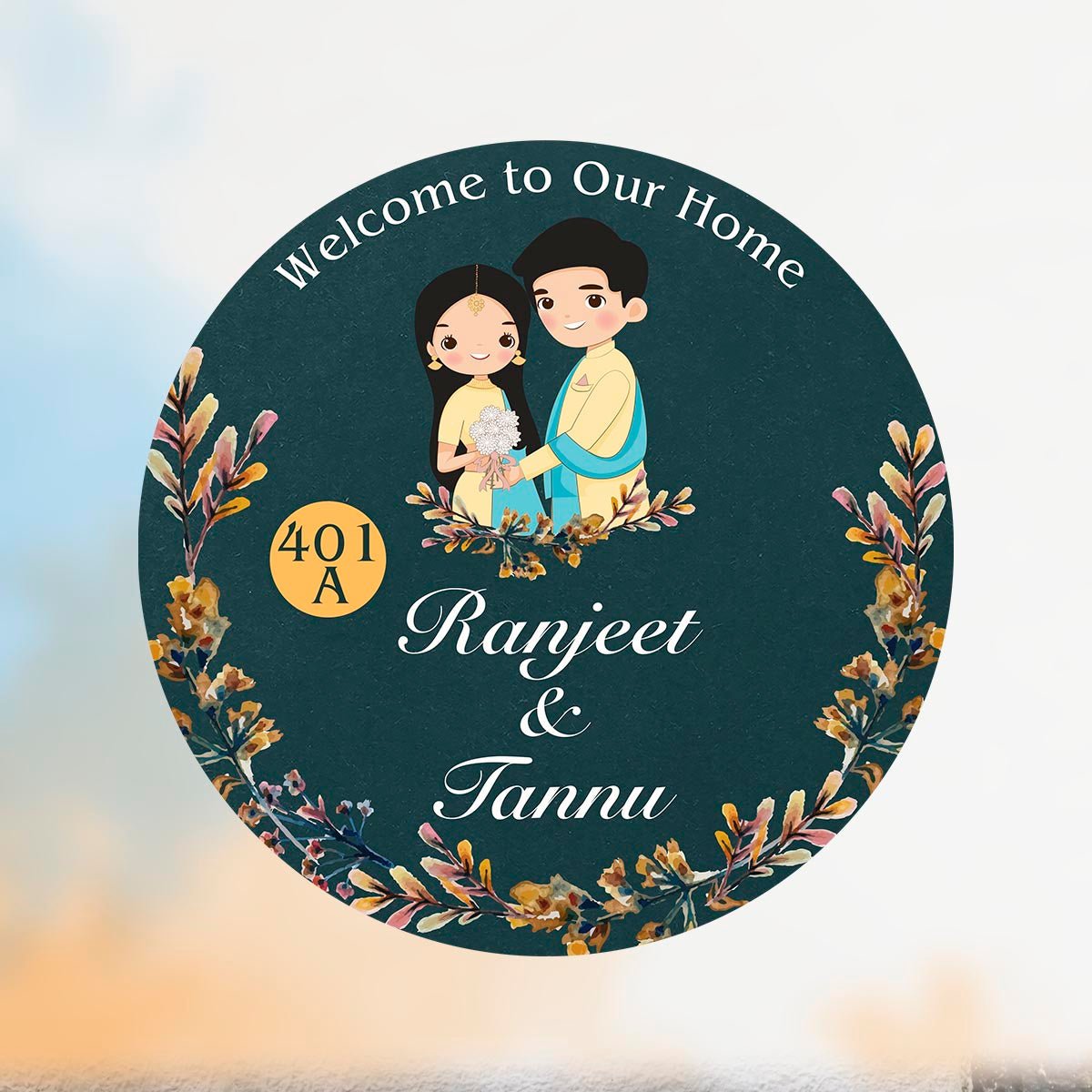 Teal-Round Welcome Ring Couple Name Plate for Front Door - Sblossom