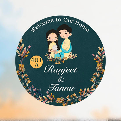 Teal-Round Welcome Ring Couple Name Plate for Front Door - Sblossom