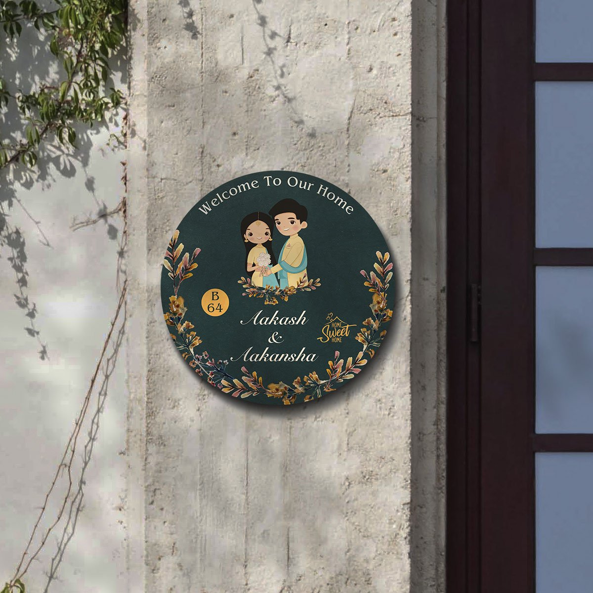 Teal-Round Welcome Ring Couple Name Plate for Front Door - Sblossom