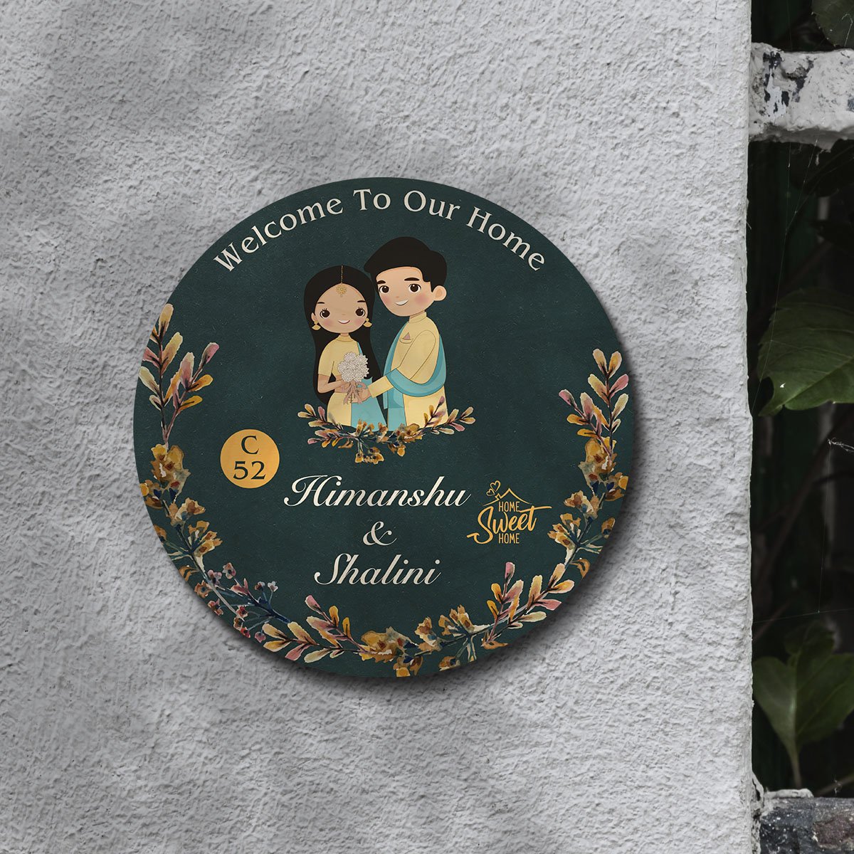 Teal-Round Welcome Ring Couple Name Plate for Front Door - Sblossom