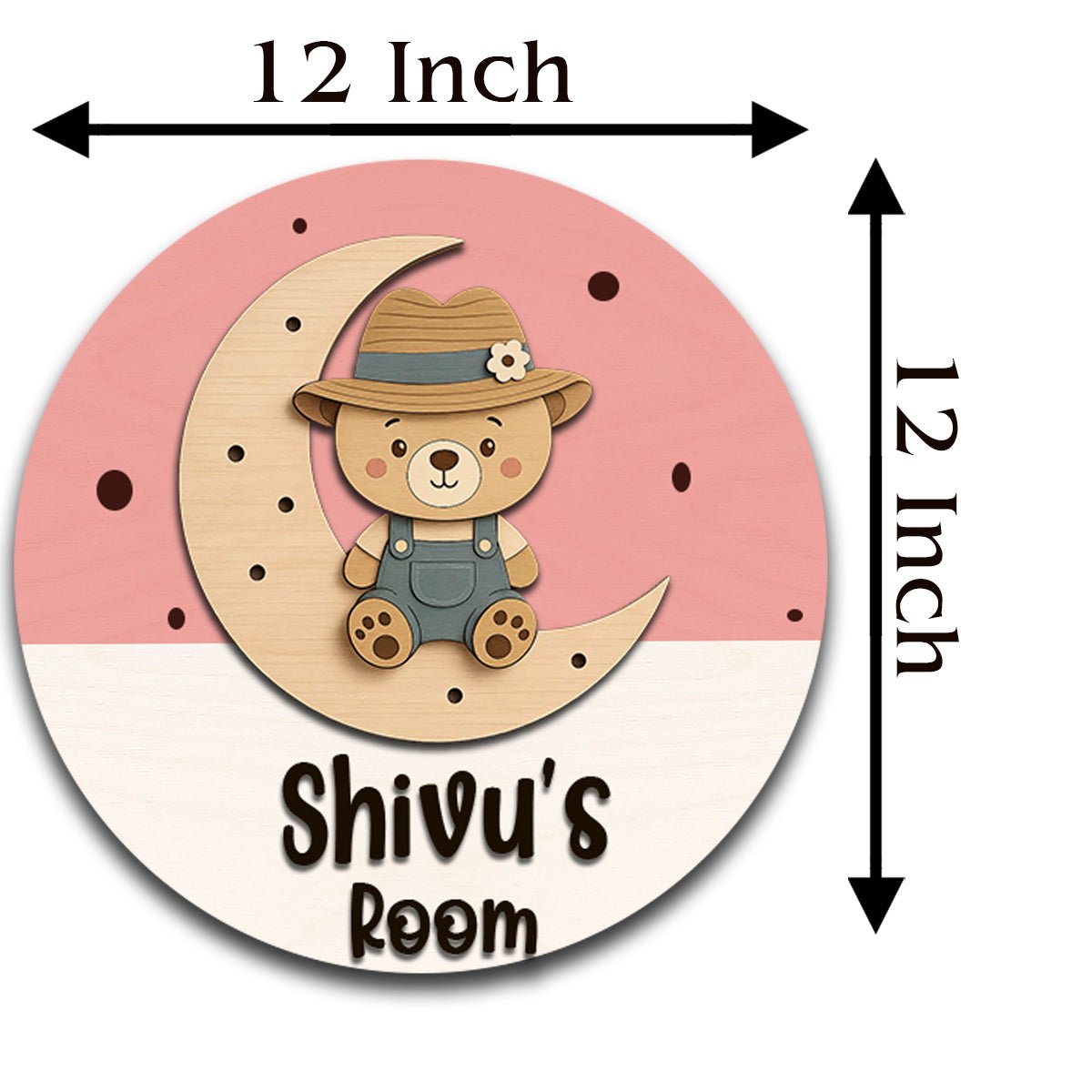 Teddy Bear Name Plate for Kids Room — Round Wooden, 12x12 Inch - Sblossom