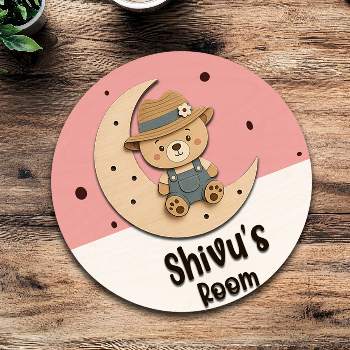 Teddy Bear Name Plate for Kids Room — Round Wooden, 12x12 Inch - Sblossom