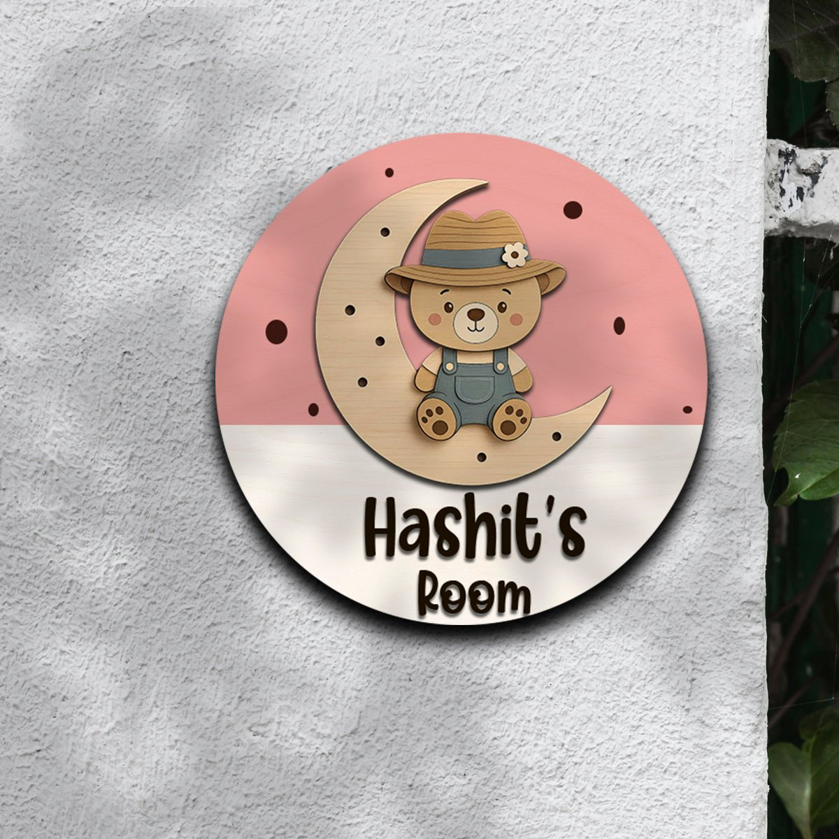 Teddy Bear Name Plate for Kids Room — Round Wooden, 12x12 Inch - Sblossom