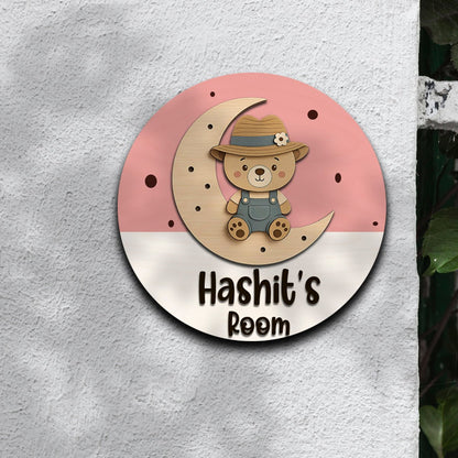 Teddy Bear Name Plate for Kids Room — Round Wooden, 12x12 Inch - Sblossom