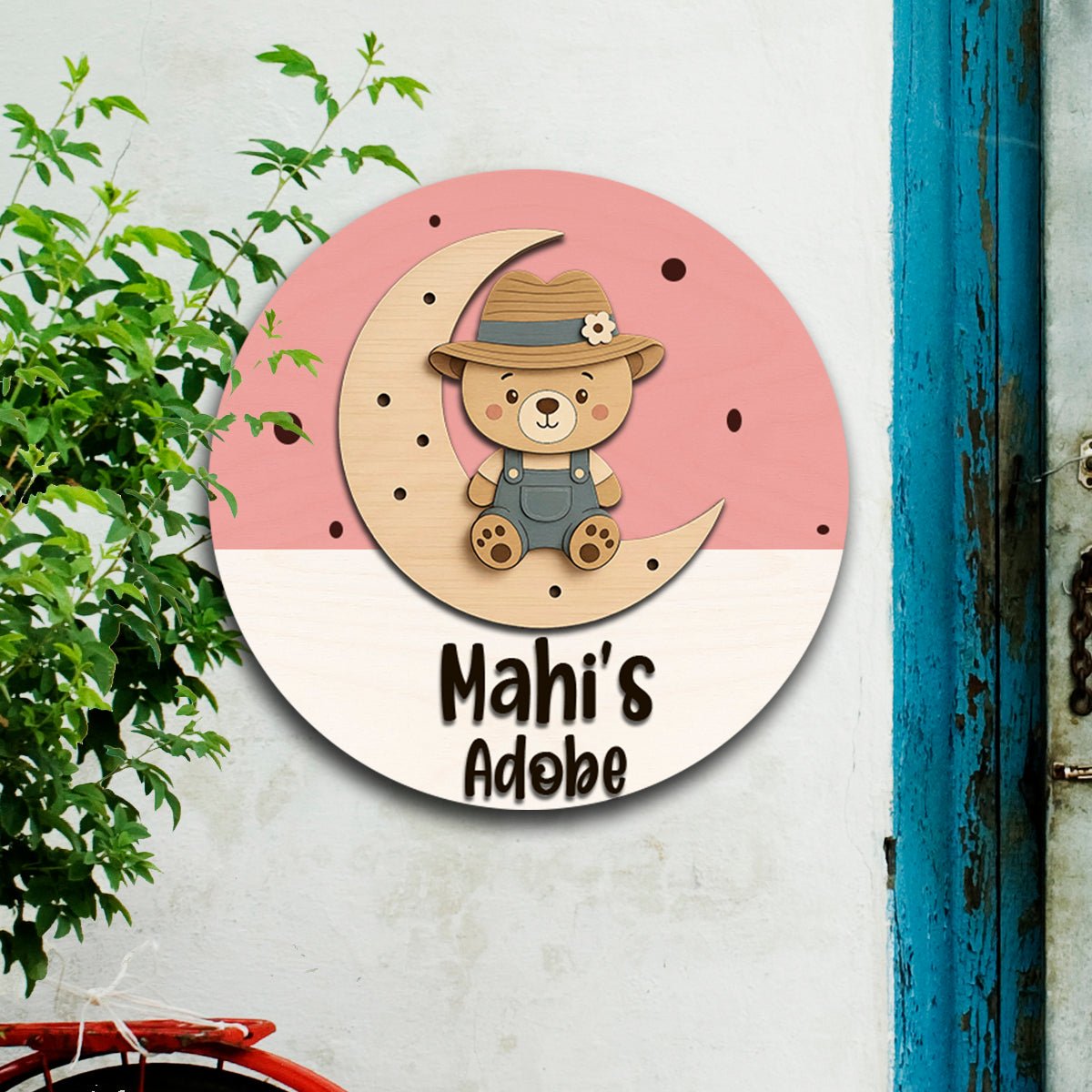 Teddy Bear Name Plate for Kids Room — Round Wooden, 12x12 Inch - Sblossom