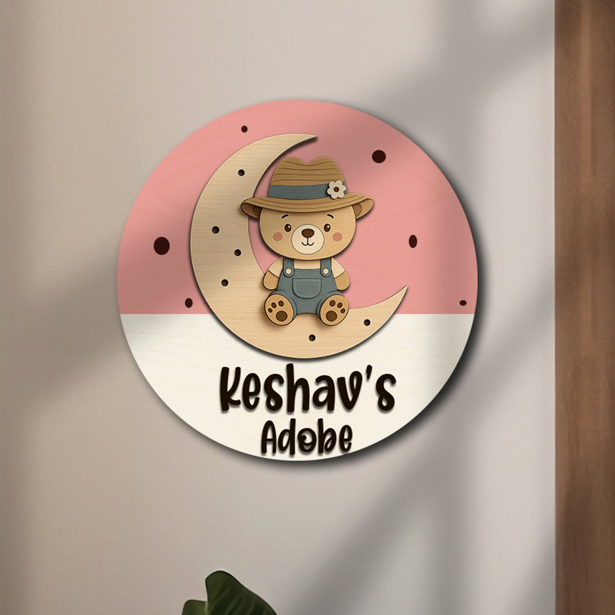 Teddy Bear Name Plate for Kids Room — Round Wooden, 12x12 Inch - Sblossom