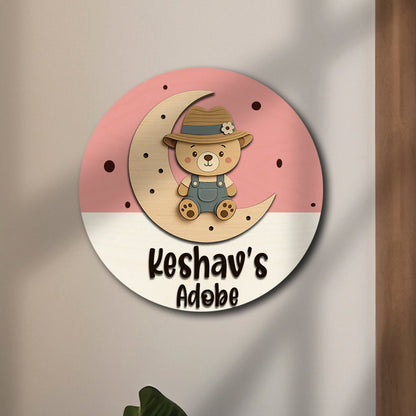 Teddy Bear Name Plate for Kids Room — Round Wooden, 12x12 Inch - Sblossom