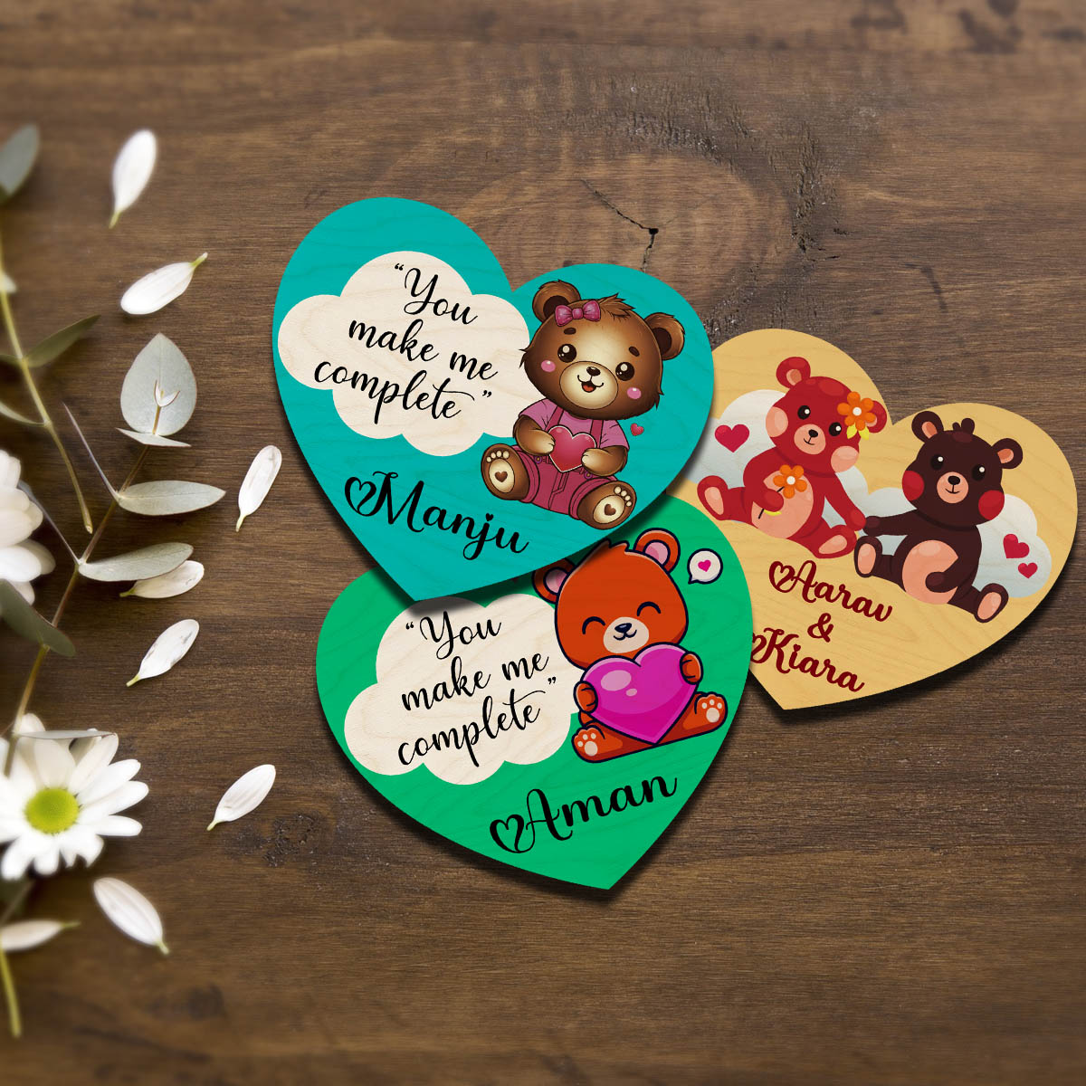Teddy Heart Couple Magnet in Wood with You Complete Me Design - Sblossom