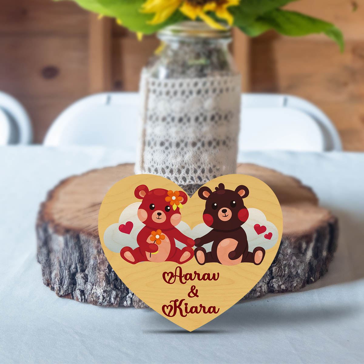 Teddy Heart Couple Magnet in Wood with You Complete Me Design - Sblossom