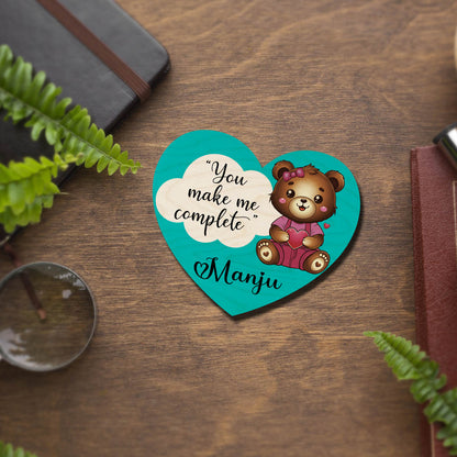 Teddy Heart Couple Magnet in Wood with You Complete Me Design - Sblossom