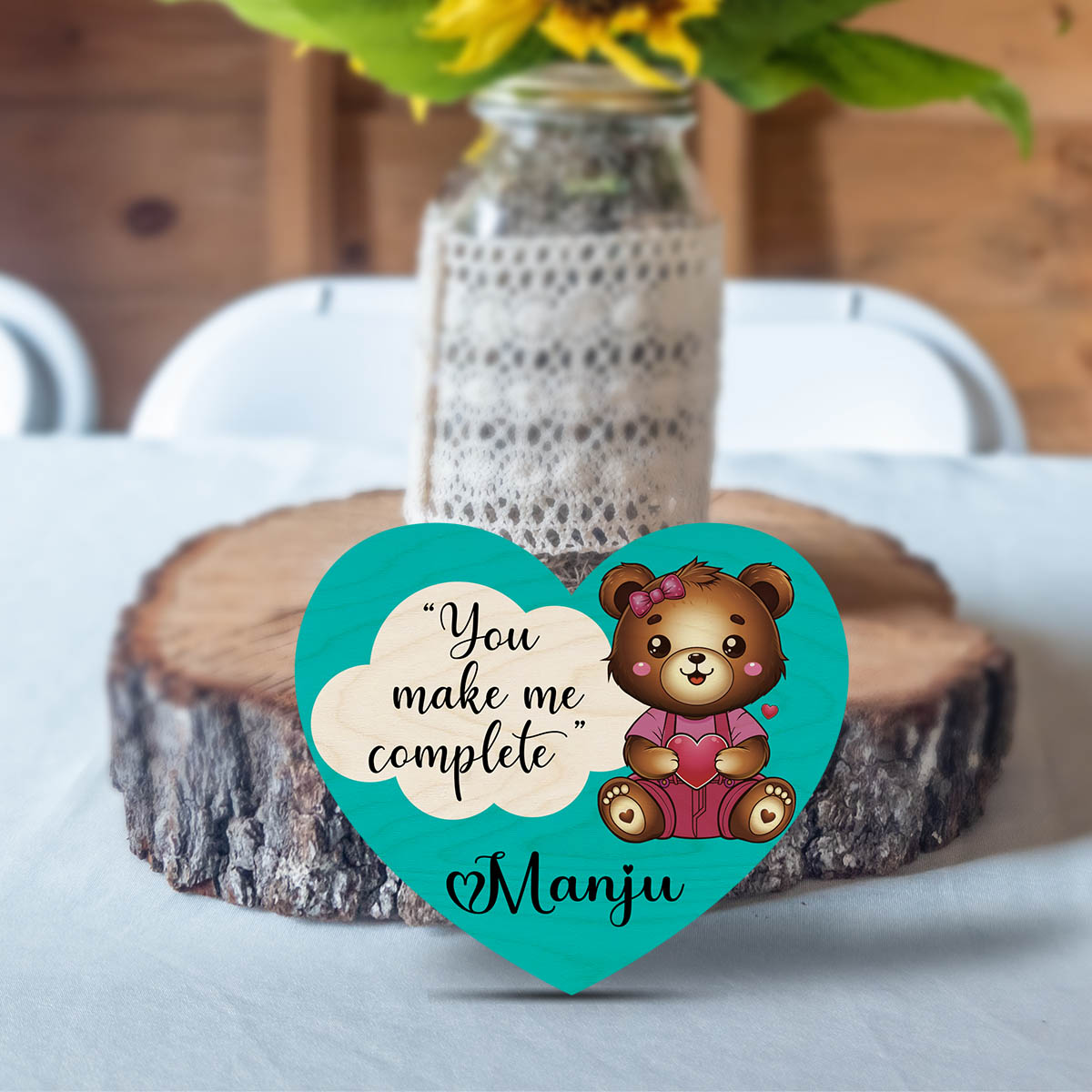 Teddy Heart Couple Magnet in Wood with You Complete Me Design - Sblossom