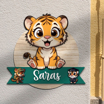 Tiger Name Plate for Kids Room — Wooden Cub Banner, 12x12 Inch - Sblossom