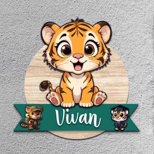Tiger Name Plate for Kids Room — Wooden Cub Banner, 12x12 Inch - Sblossom