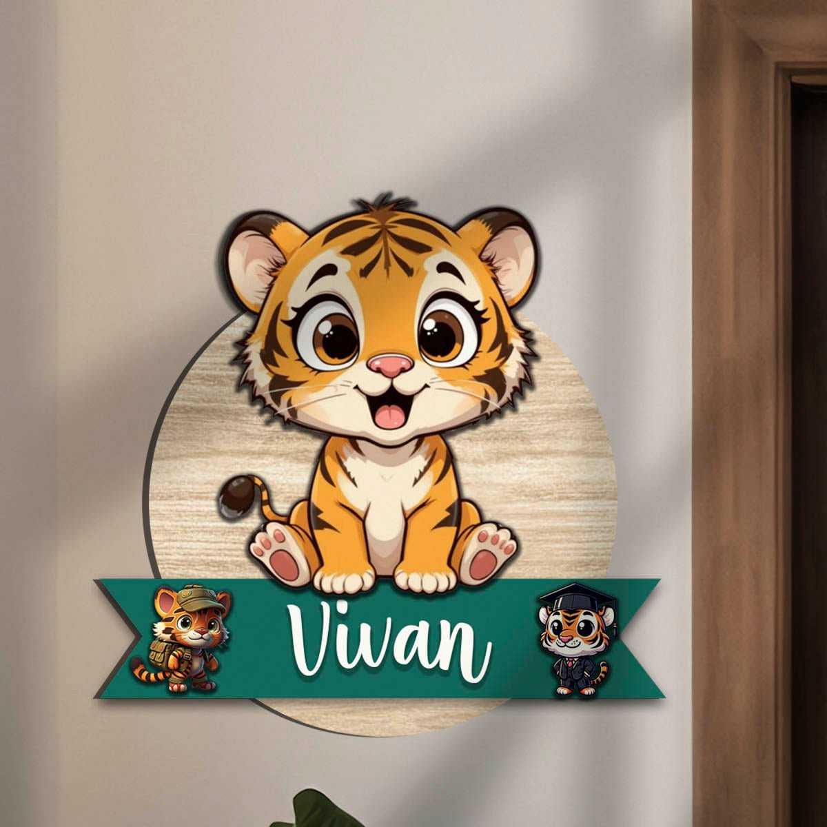 Tiger Name Plate for Kids Room — Wooden Cub Banner, 12x12 Inch - Sblossom