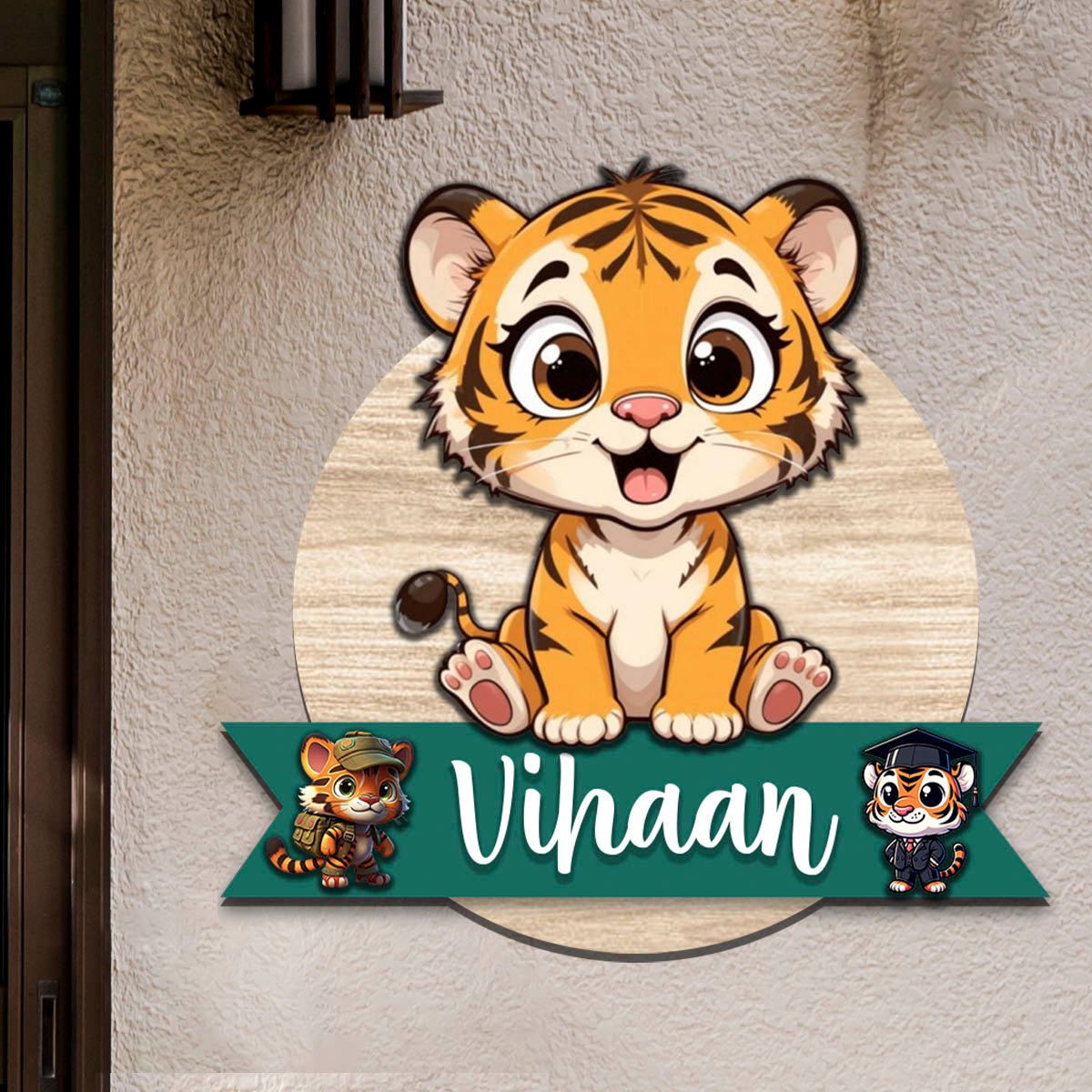 Tiger Name Plate for Kids Room — Wooden Cub Banner, 12x12 Inch - Sblossom